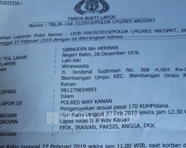 Mantan Napi Laporkan Dugaan Penganiayaan di Lapas Waykanan