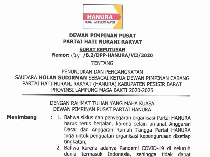 Holan Sudirman Nahkodai DPC Partai Hanura Pesbar
