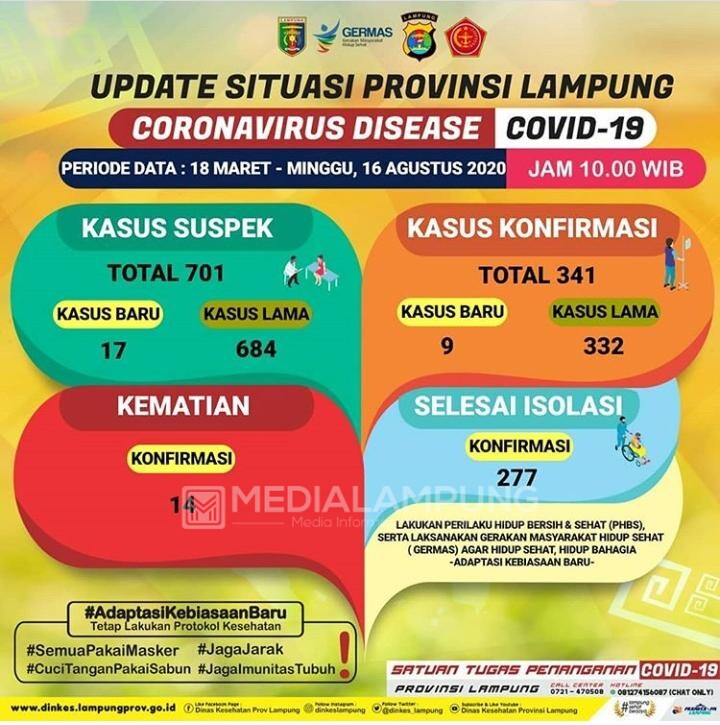 Terus Bertambah, Positif Covid-19 di Provinsi Lampung Total 341 Kasus