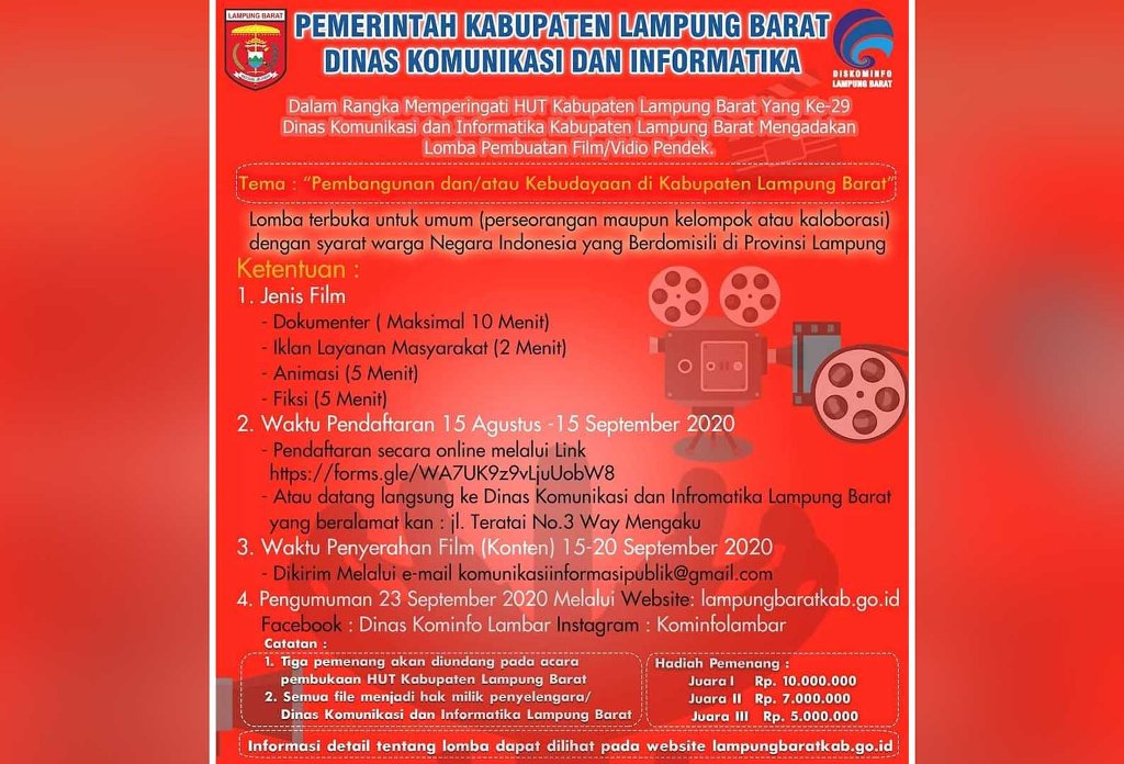 Lomba Pembuatan Film Pendek, Diskominfo Lambar Siapkan Hadiah Uang Tunai Rp22 Juta 