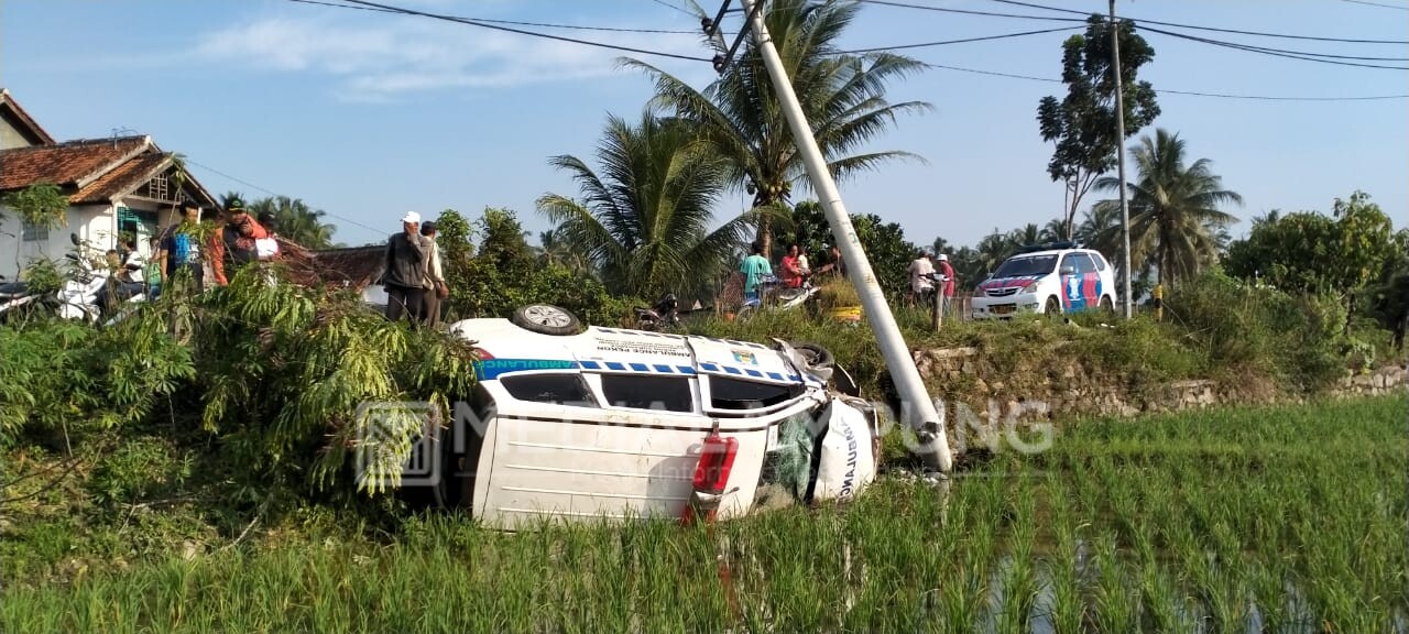 Diduga Sopir Mengantuk, Mobil Ambulance Pekon Terbalik di Sawah