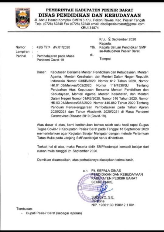 Kasus Covid-19 di Pesbar Bertambah, KBM Tatap Muka Dihentikan