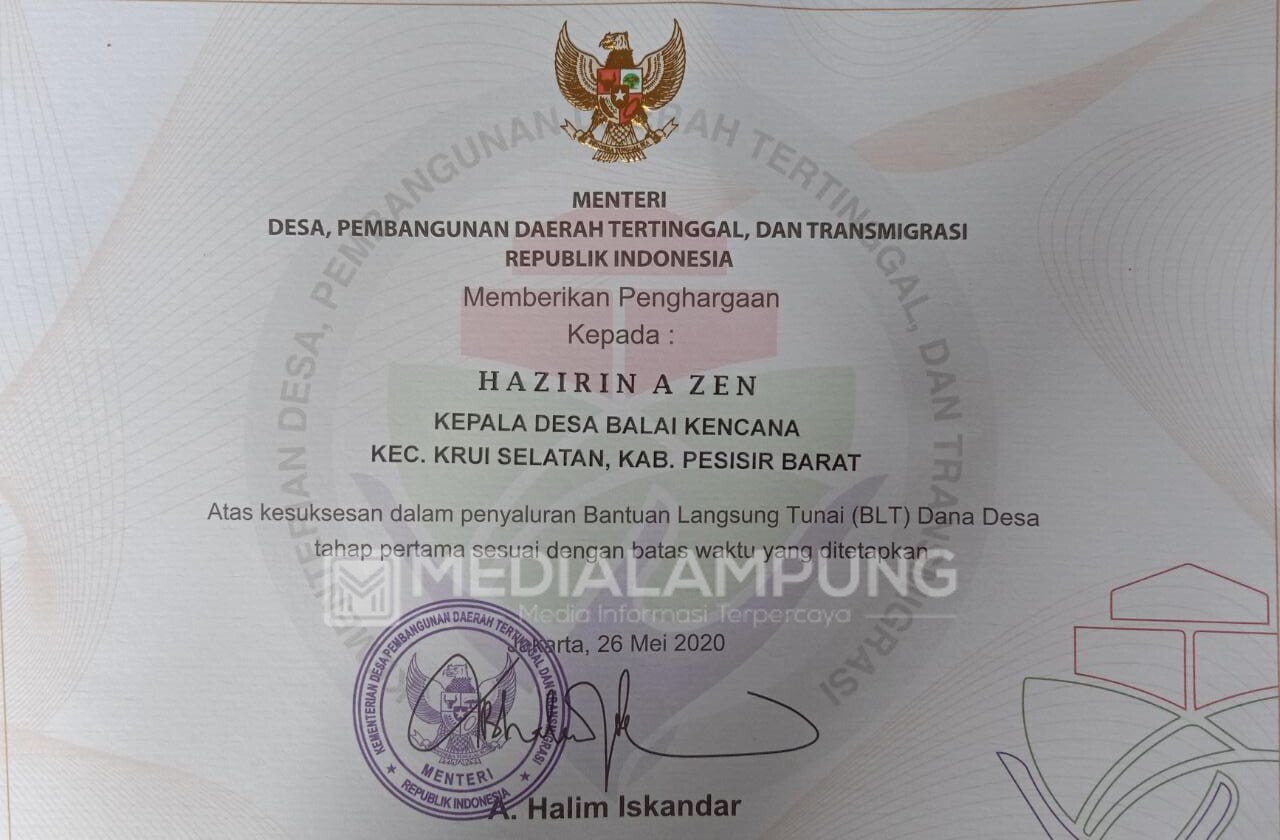 Peratin Balai Kencana Raih Penghargaan dari Mendes-PDTT