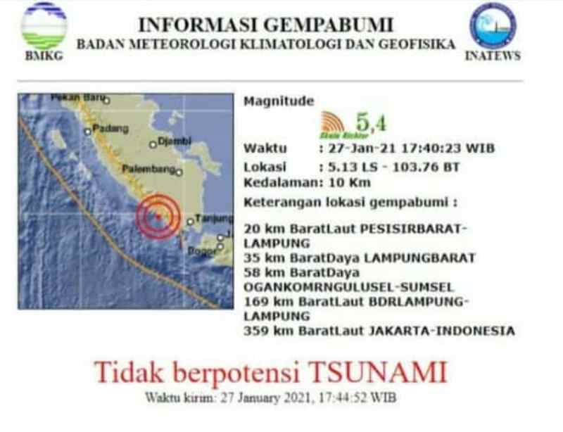 Gempa 5,4 SR yang Mengguncang Pesbar Tidak Berpotensi Tsunami