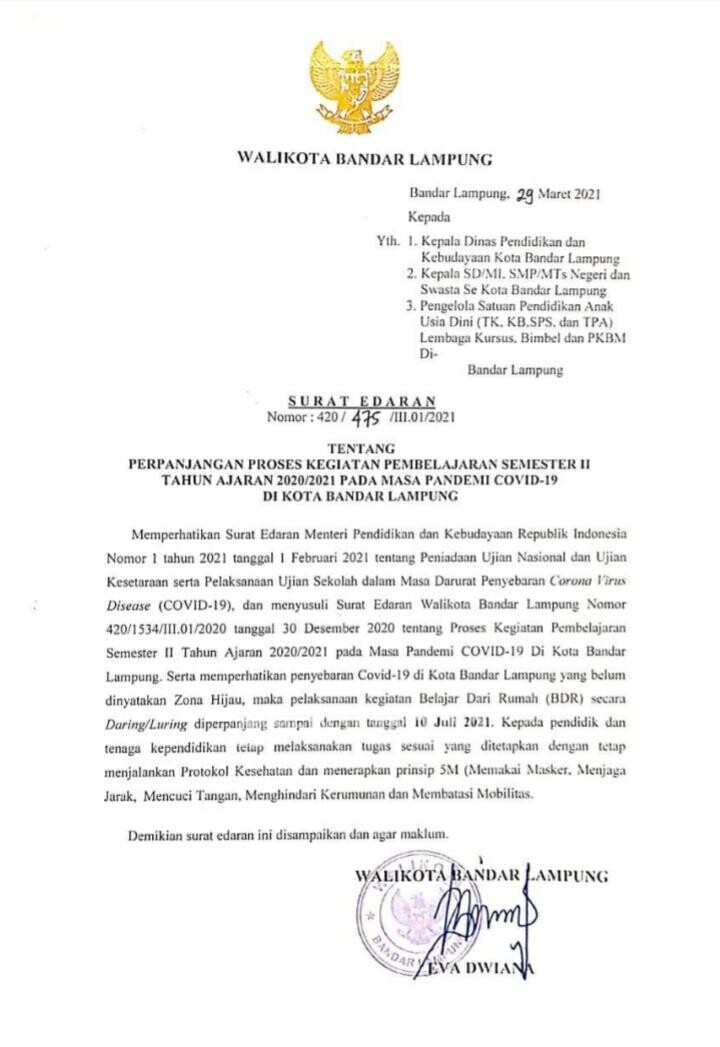 Pemkot Bandarlampung Terbitkan Edaran Perpanjangan KBM Daring