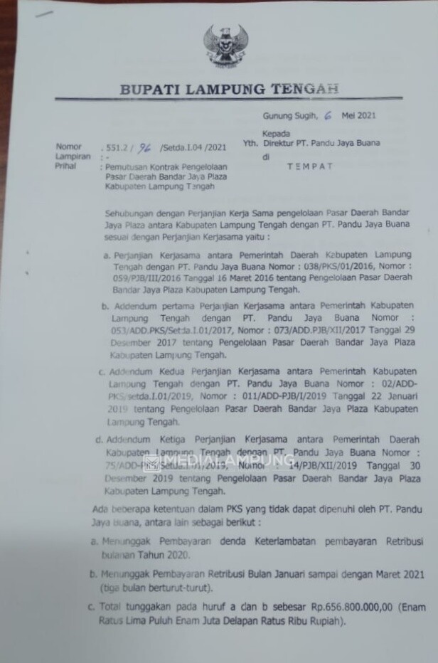 Kontrak Diputus, PT Pandu Jaya Buana Akan Mediasi dengan Pemkab Lamteng