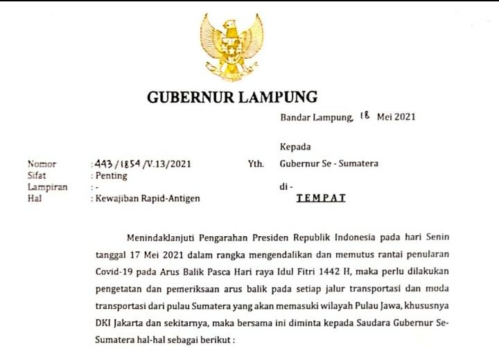 Arinal Surati Gubernur se-Sumatera Minta Pelaku Perjalanan Dilengkapi Surat Bebas Covid
