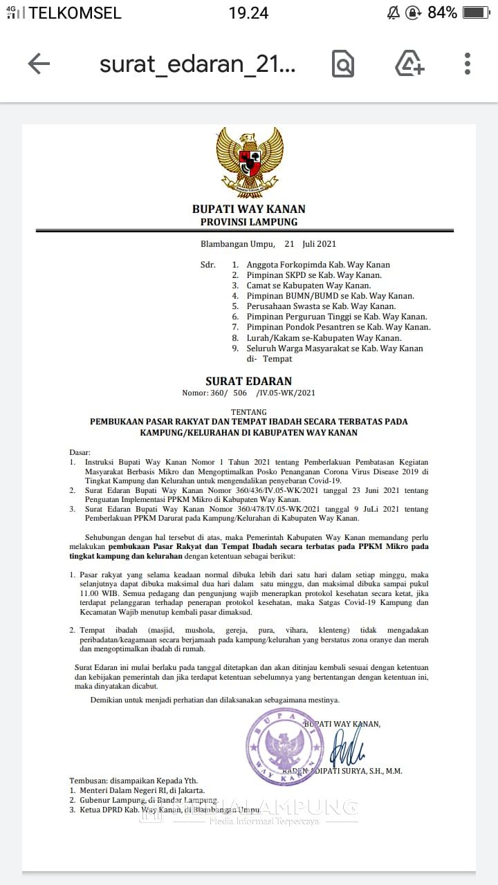 Bupati Waykanan Terbitkan Surat Edaran Pembukaan Pasar