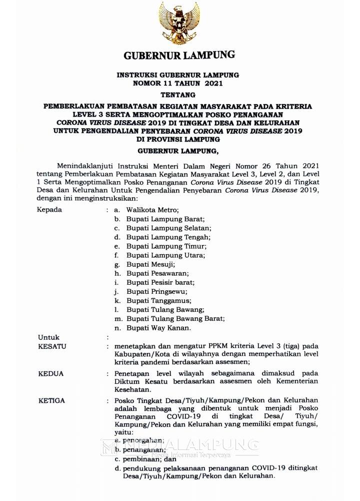 14 Kabupaten/Kota di Lampung Berlakukan PPKM Level 3 Sesuai Instruksi Gubernur