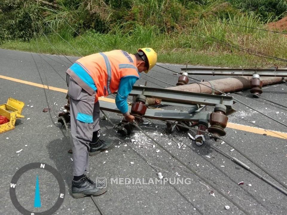 Tertimpa Pohon, Tiang Listrik Tegangan Menengah Ambruk di Jalan Nasional Pekon Luas