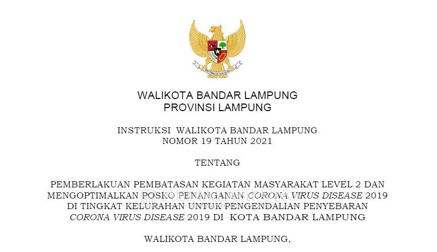 Pemkot Bandarlampung Terbitkan Instruksi Walikota Tentang PPKM Level 2