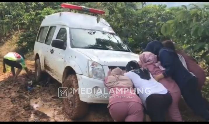 Lalui Medan Sulit ke Lokasi Vaksinasi, Tenaga Medis Harus Berjuang Dorong Ambulance