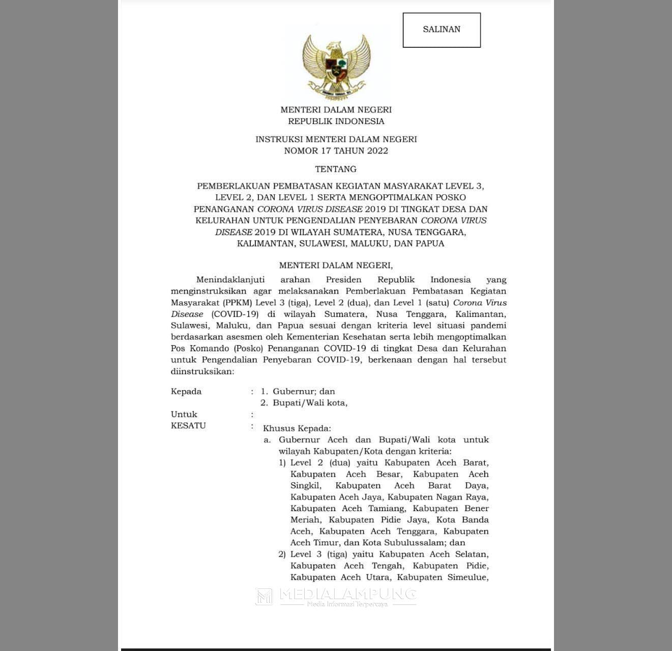 PPKM Level 3 di Lampung Masih Tersisa 7 Daerah 